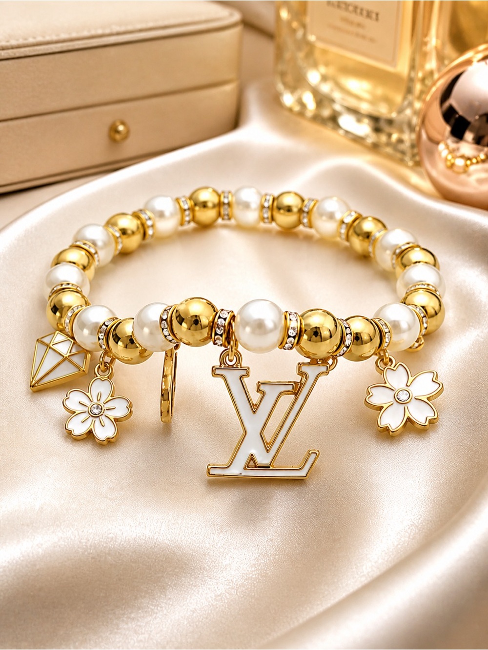 Handmade LV Gold & White Faux Pearl Charm Bracelet